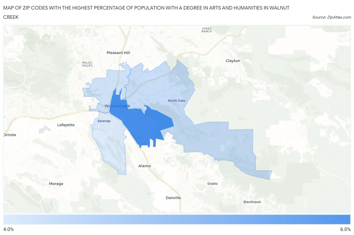 Zip Codes with the Highest Percentage of Population with a Degree in Arts and Humanities in Walnut Creek Map