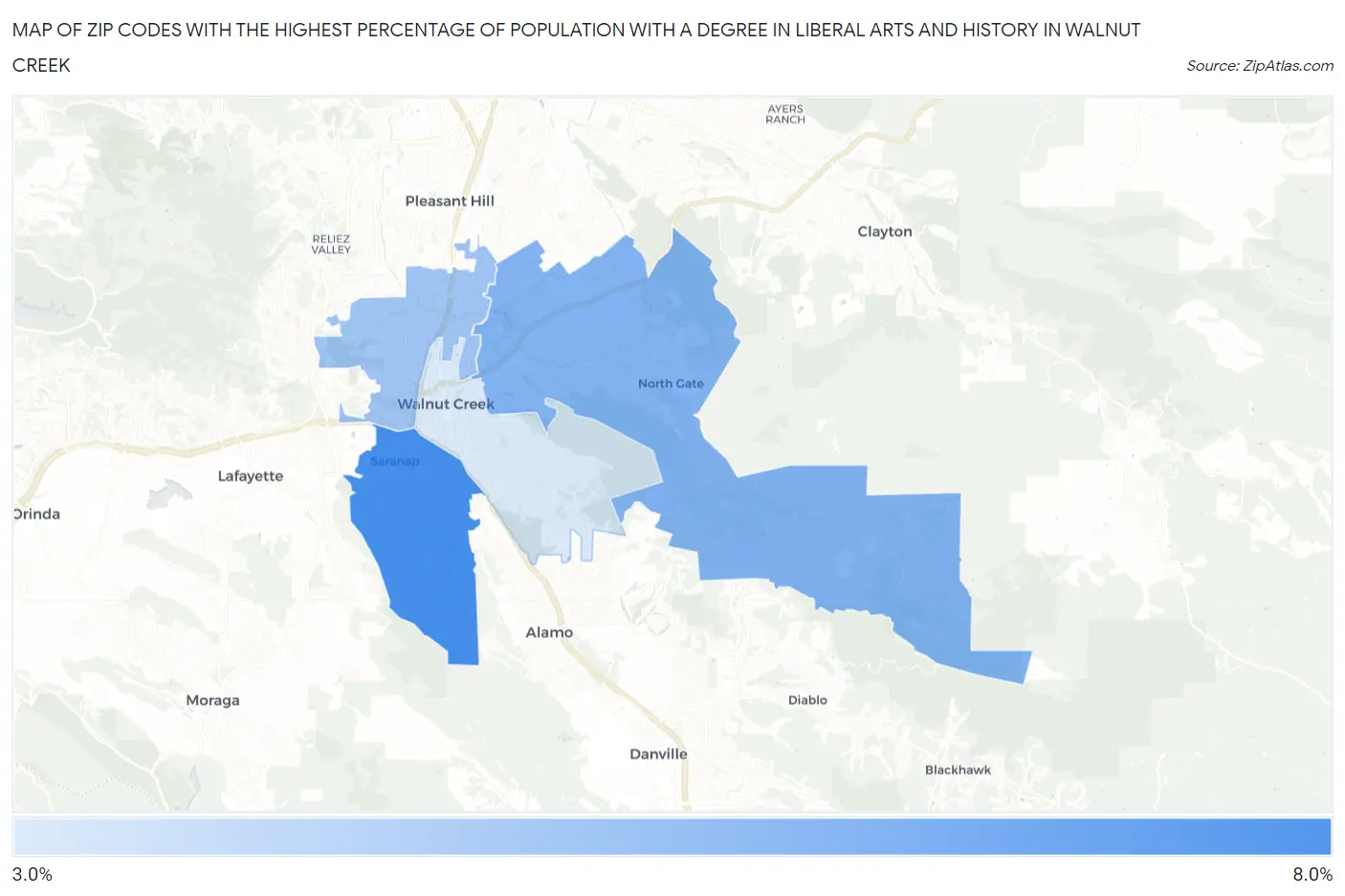 Zip Codes with the Highest Percentage of Population with a Degree in Liberal Arts and History in Walnut Creek Map