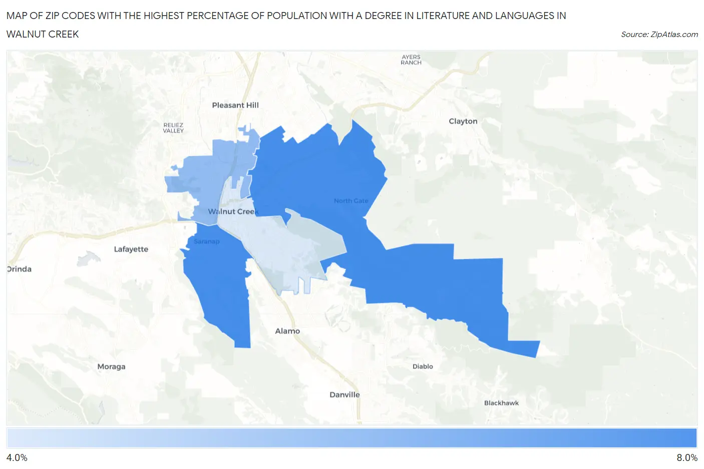 Zip Codes with the Highest Percentage of Population with a Degree in Literature and Languages in Walnut Creek Map