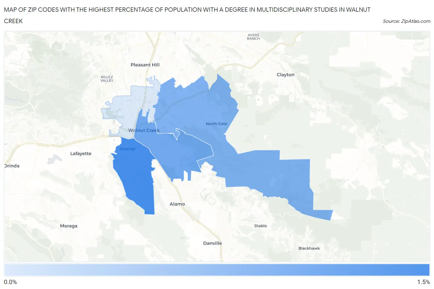 Zip Codes with the Highest Percentage of Population with a Degree in Multidisciplinary Studies in Walnut Creek Map