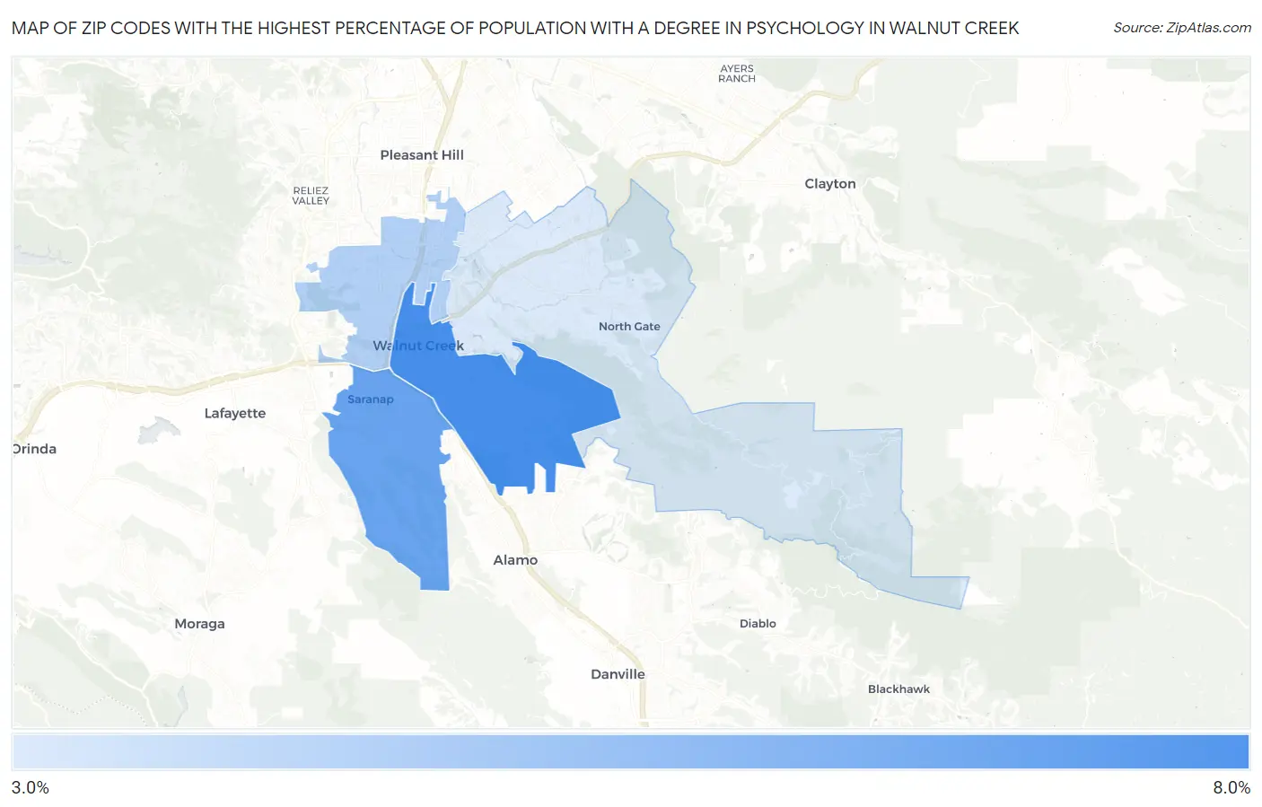 Zip Codes with the Highest Percentage of Population with a Degree in Psychology in Walnut Creek Map