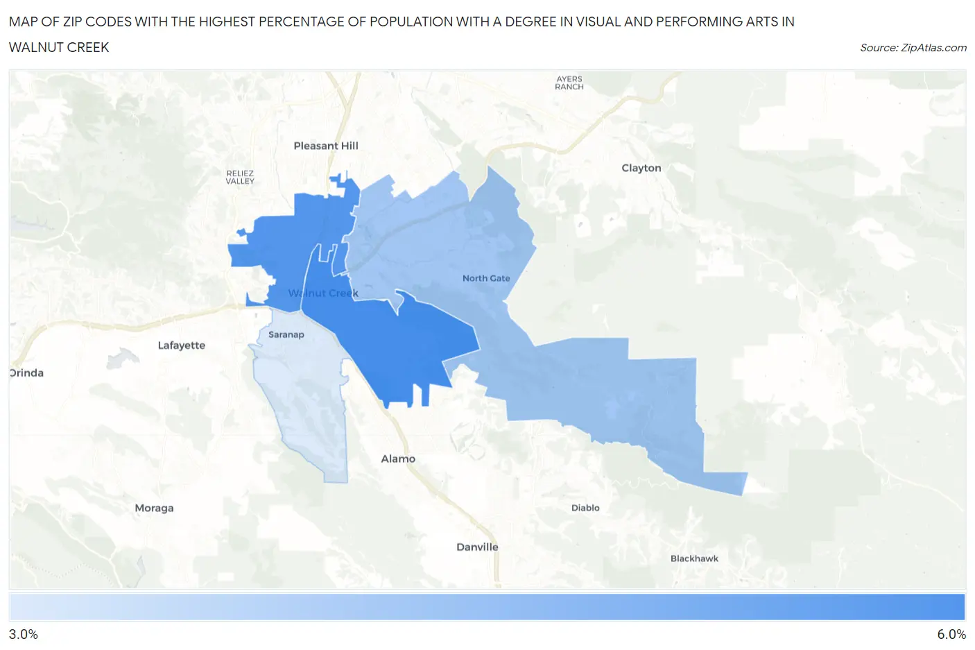 Zip Codes with the Highest Percentage of Population with a Degree in Visual and Performing Arts in Walnut Creek Map