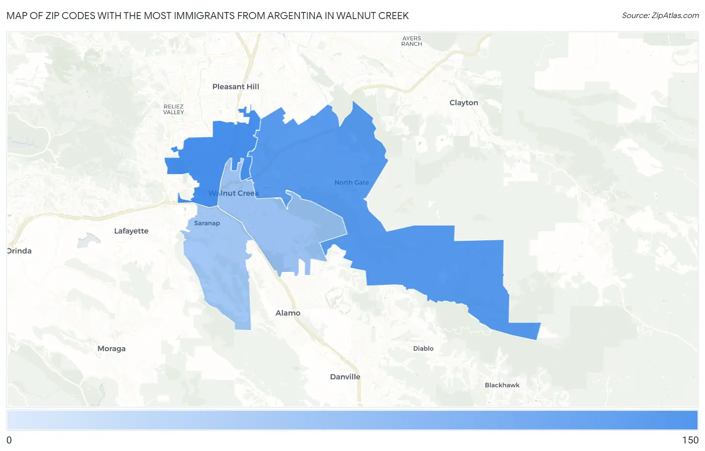 Zip Codes with the Most Immigrants from Argentina in Walnut Creek Map