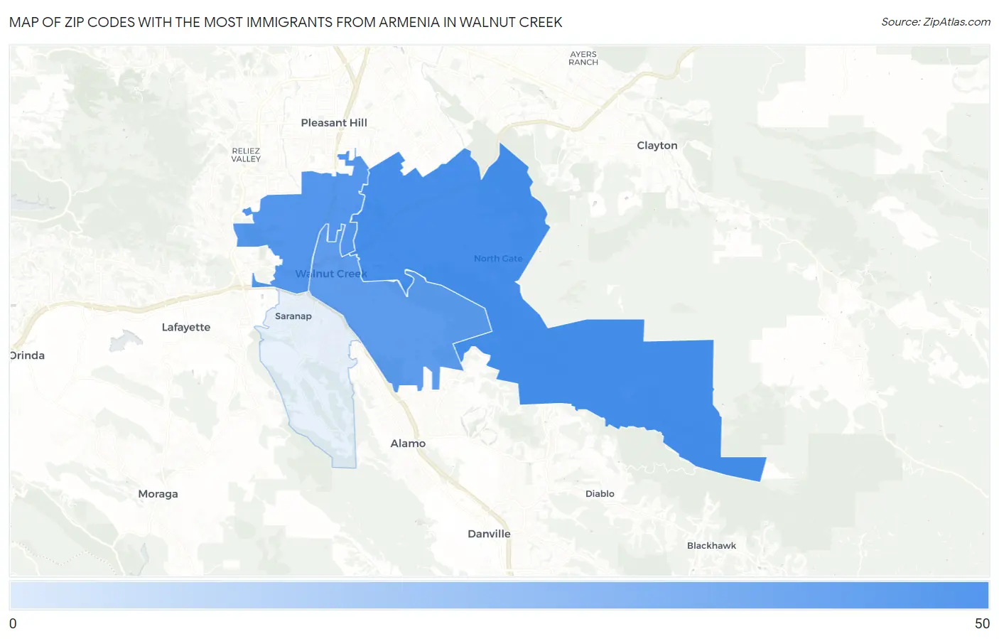 Zip Codes with the Most Immigrants from Armenia in Walnut Creek Map
