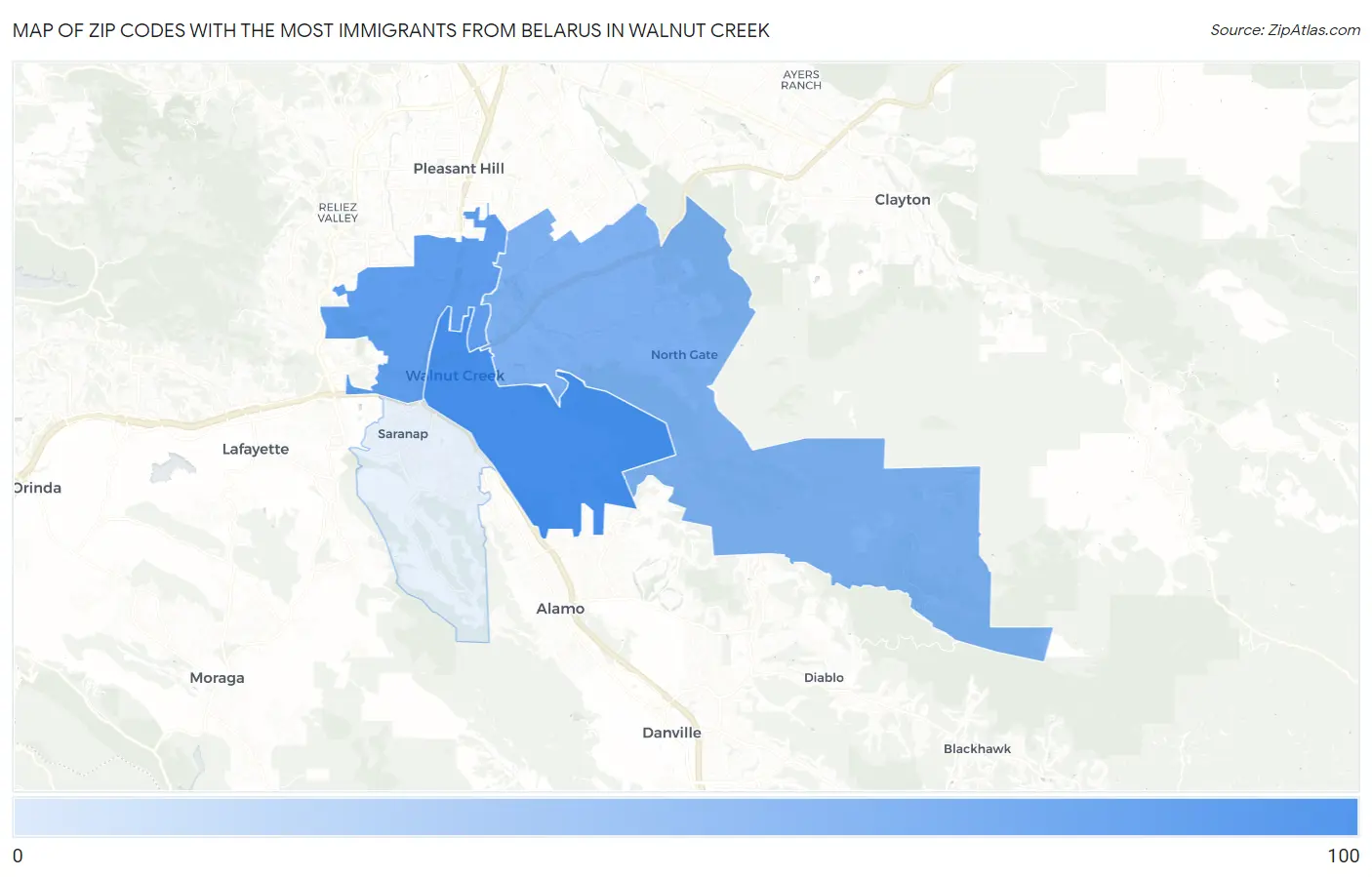 Zip Codes with the Most Immigrants from Belarus in Walnut Creek Map