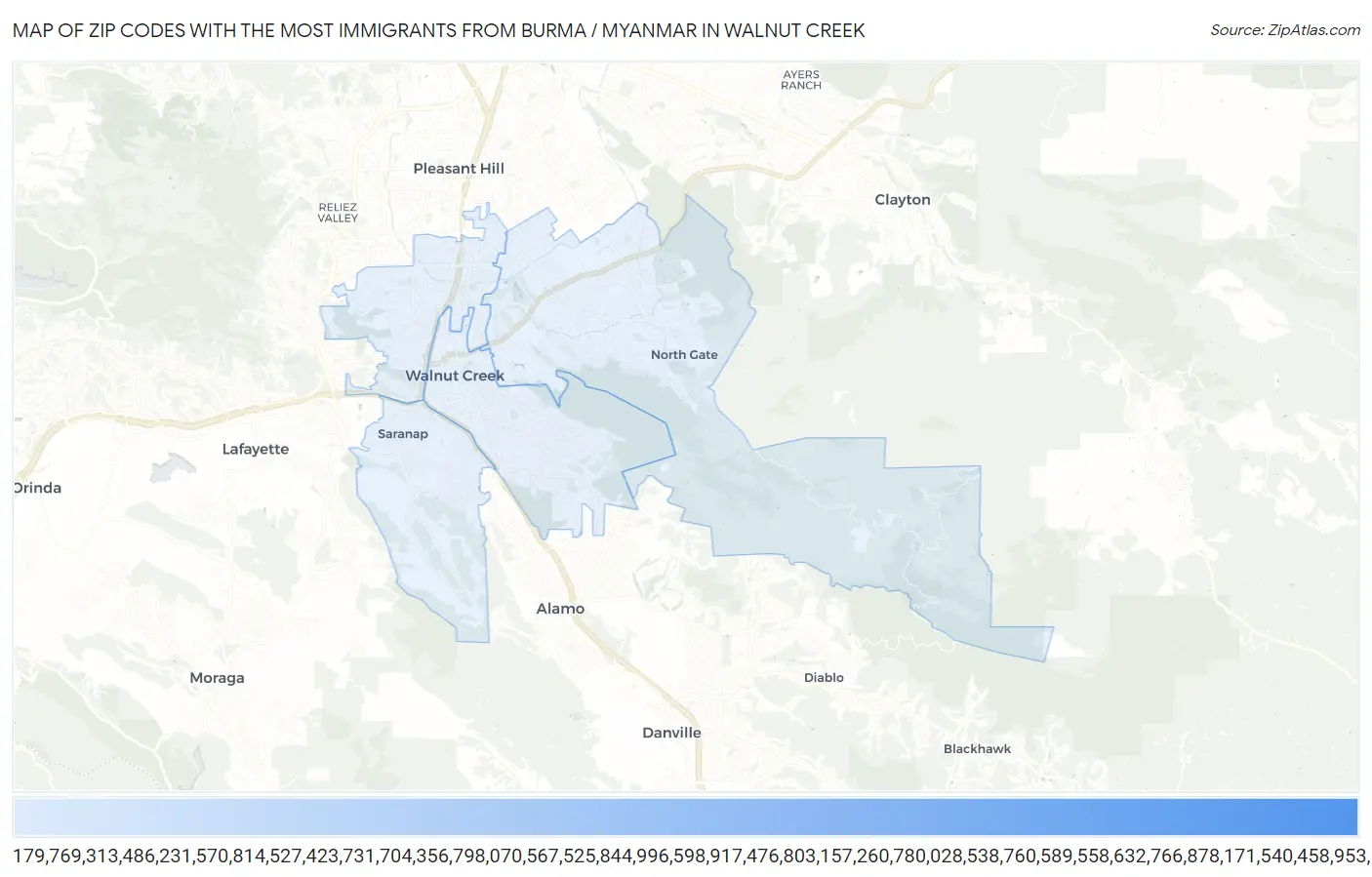 Zip Codes with the Most Immigrants from Burma / Myanmar in Walnut Creek Map