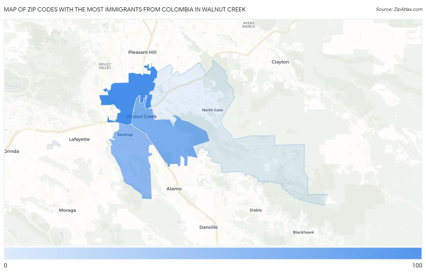 Zip Codes with the Most Immigrants from Colombia in Walnut Creek Map
