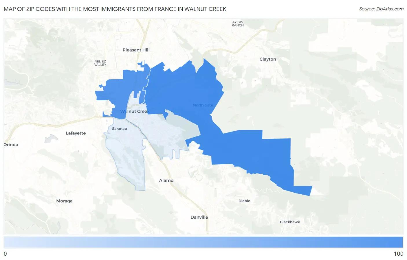 Zip Codes with the Most Immigrants from France in Walnut Creek Map
