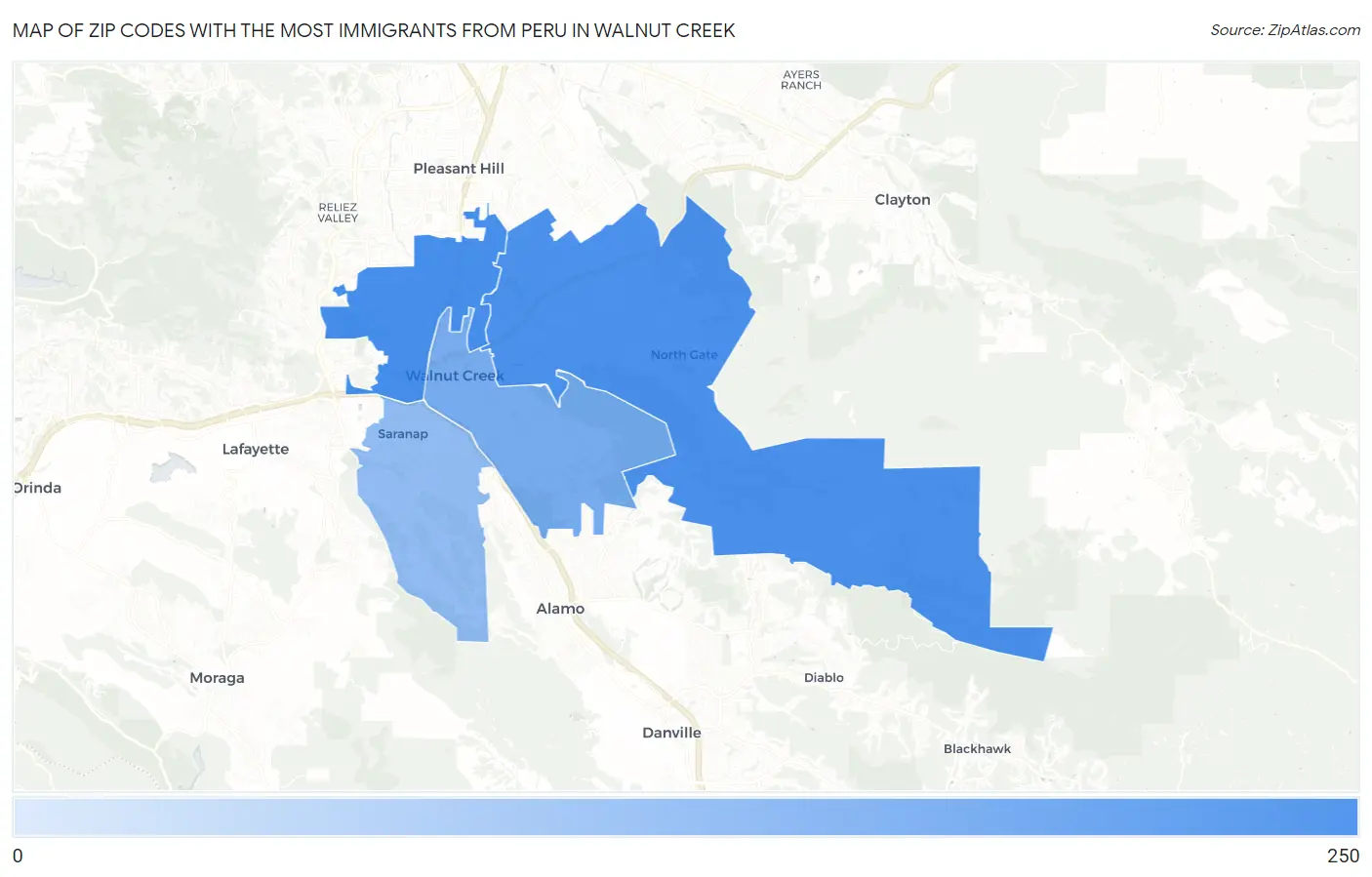 Zip Codes with the Most Immigrants from Peru in Walnut Creek Map