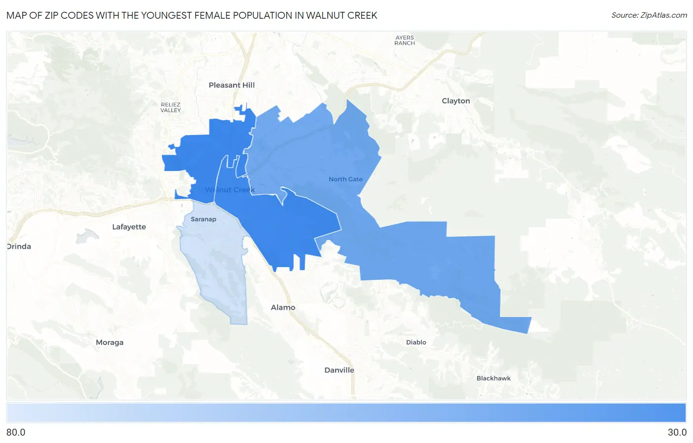 Zip Codes with the Youngest Female Population in Walnut Creek Map