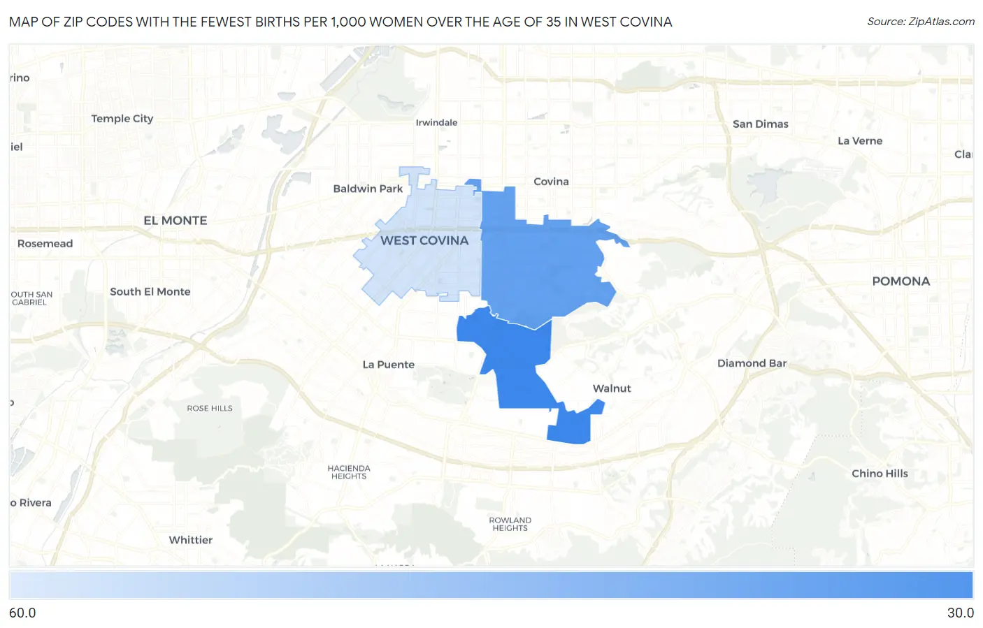Zip Codes with the Fewest Births per 1,000 Women Over the Age of 35 in West Covina Map