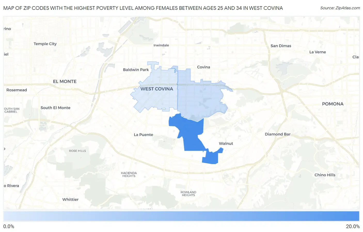 Zip Codes with the Highest Poverty Level Among Females Between Ages 25 and 34 in West Covina Map