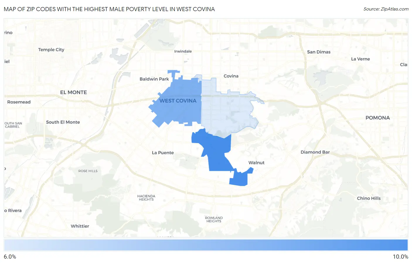 Zip Codes with the Highest Male Poverty Level in West Covina Map