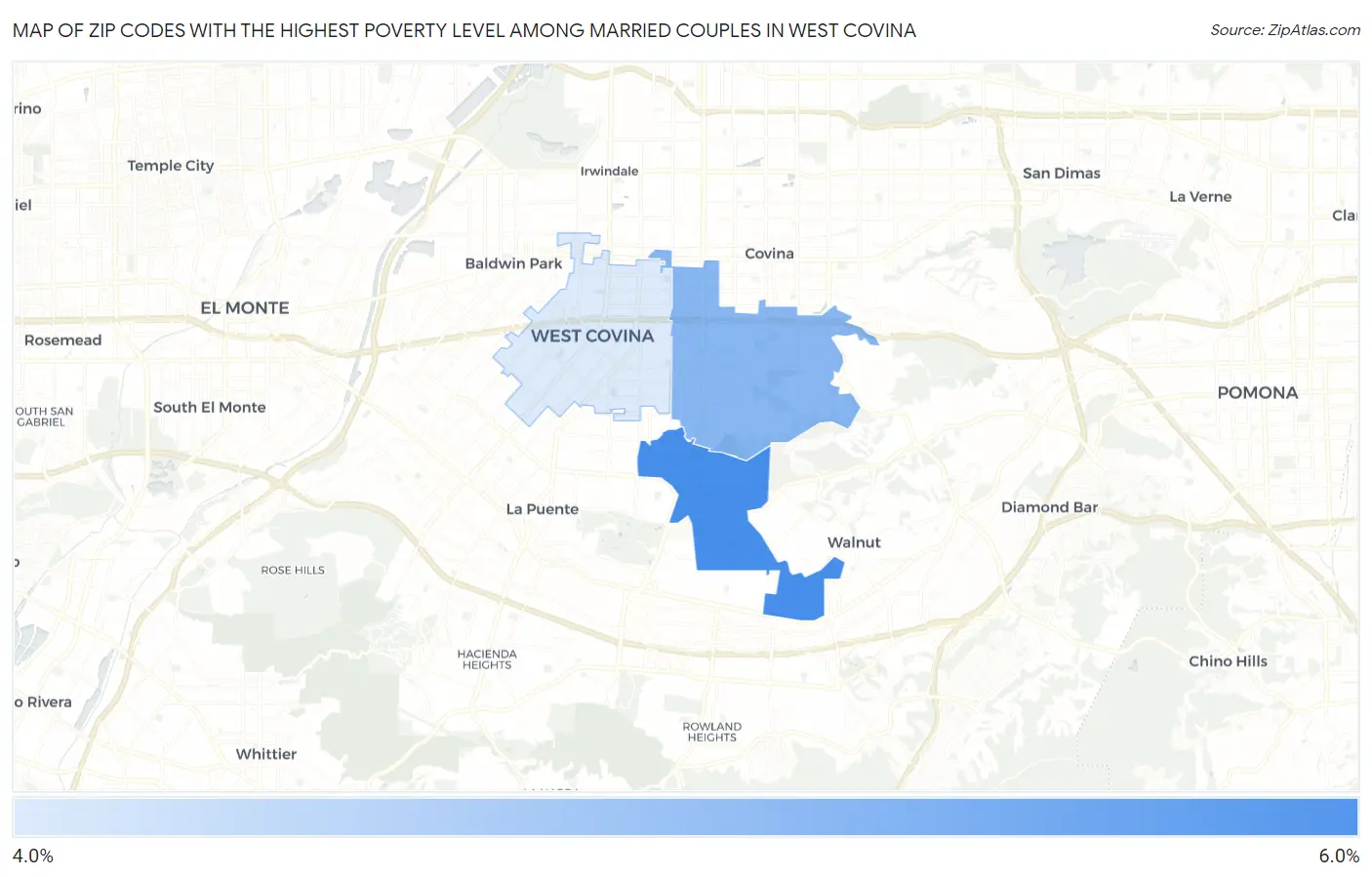 Zip Codes with the Highest Poverty Level Among Married Couples in West Covina Map
