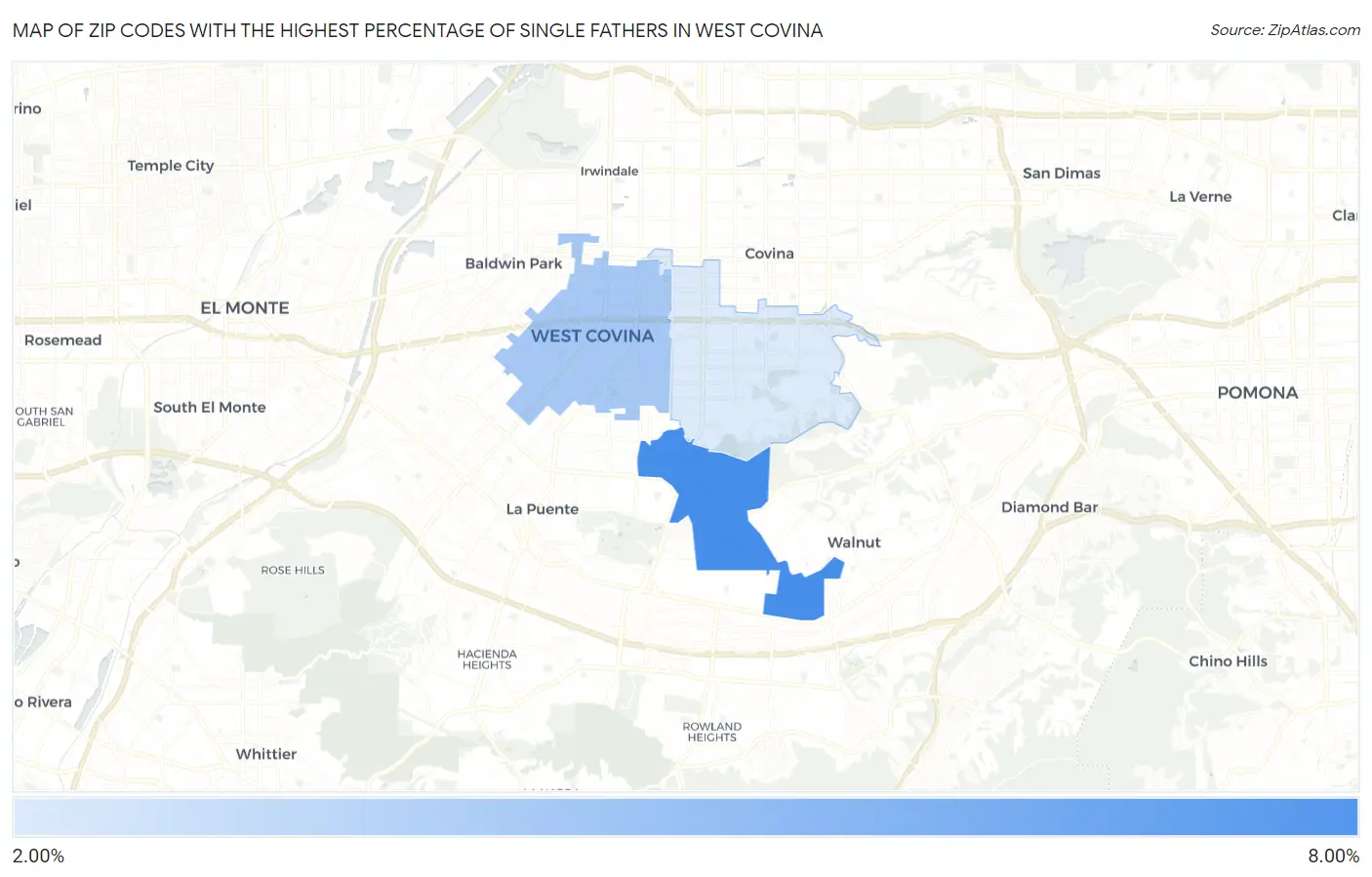 Zip Codes with the Highest Percentage of Single Fathers in West Covina Map