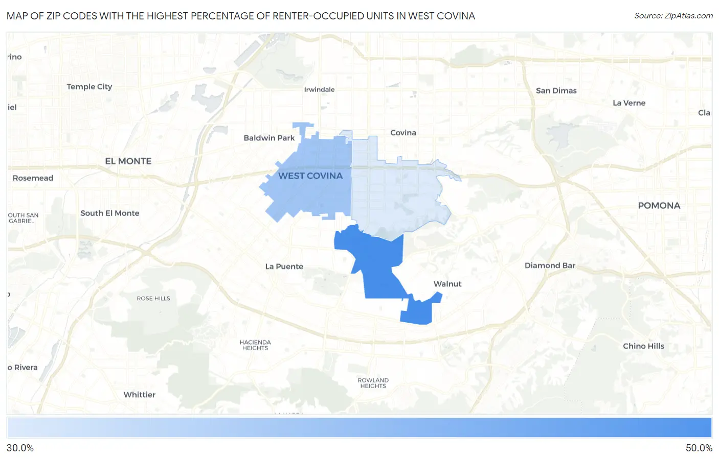 Zip Codes with the Highest Percentage of Renter-Occupied Units in West Covina Map