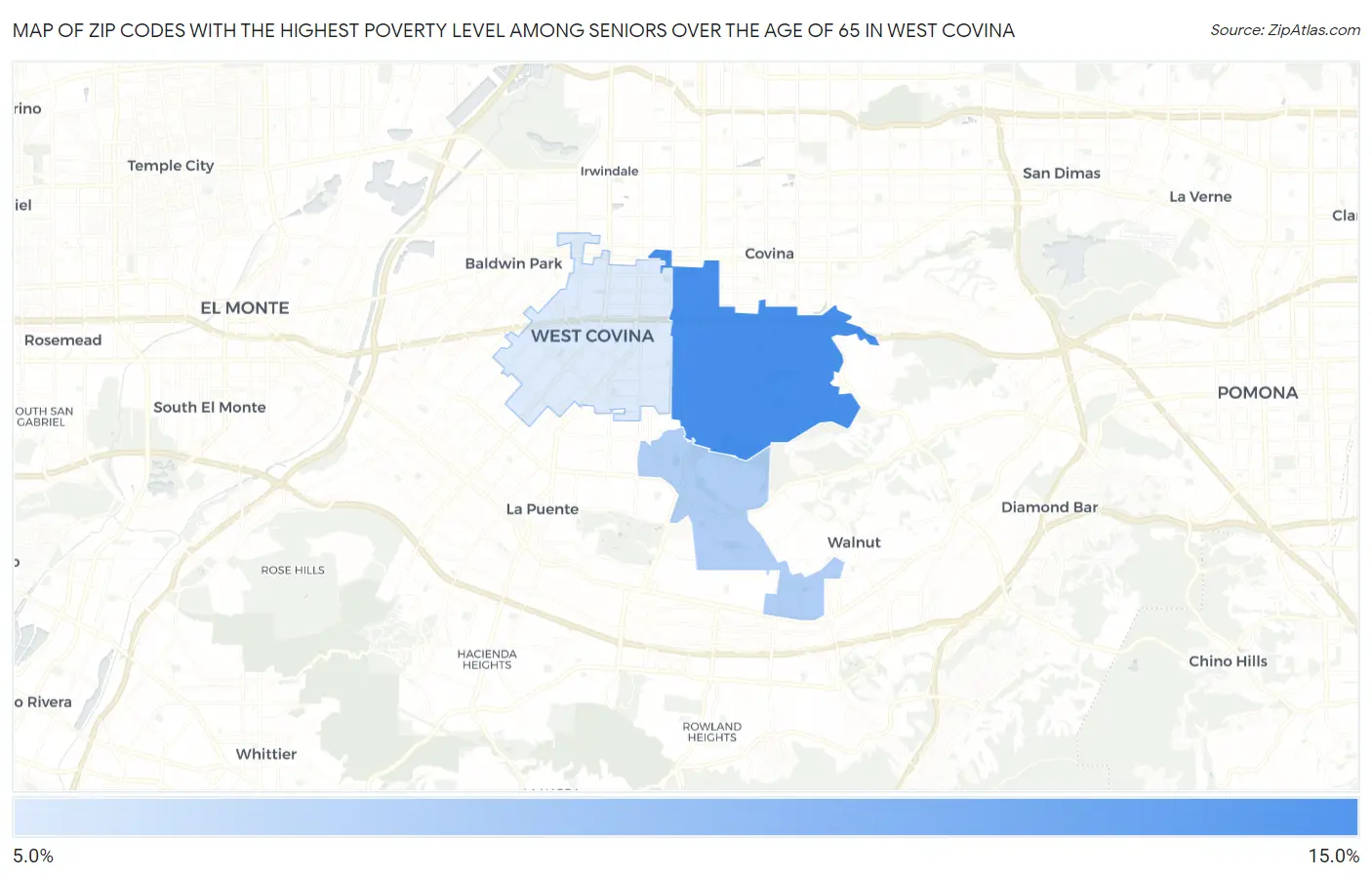 Zip Codes with the Highest Poverty Level Among Seniors Over the Age of 65 in West Covina Map
