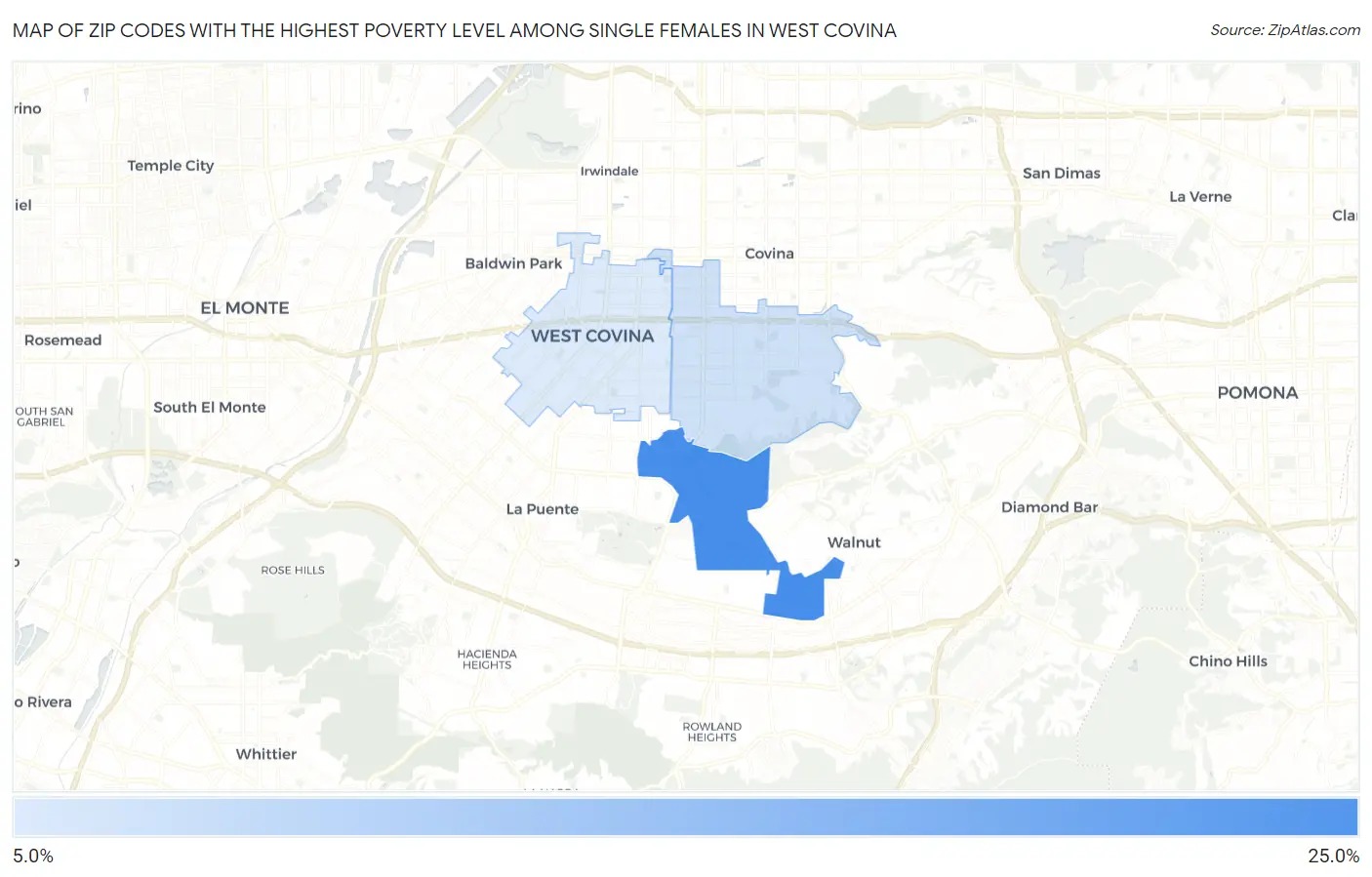 Zip Codes with the Highest Poverty Level Among Single Females in West Covina Map