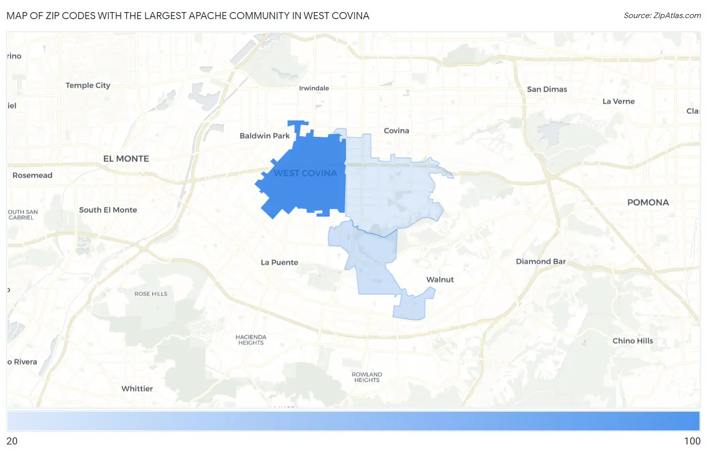 Zip Codes with the Largest Apache Community in West Covina Map