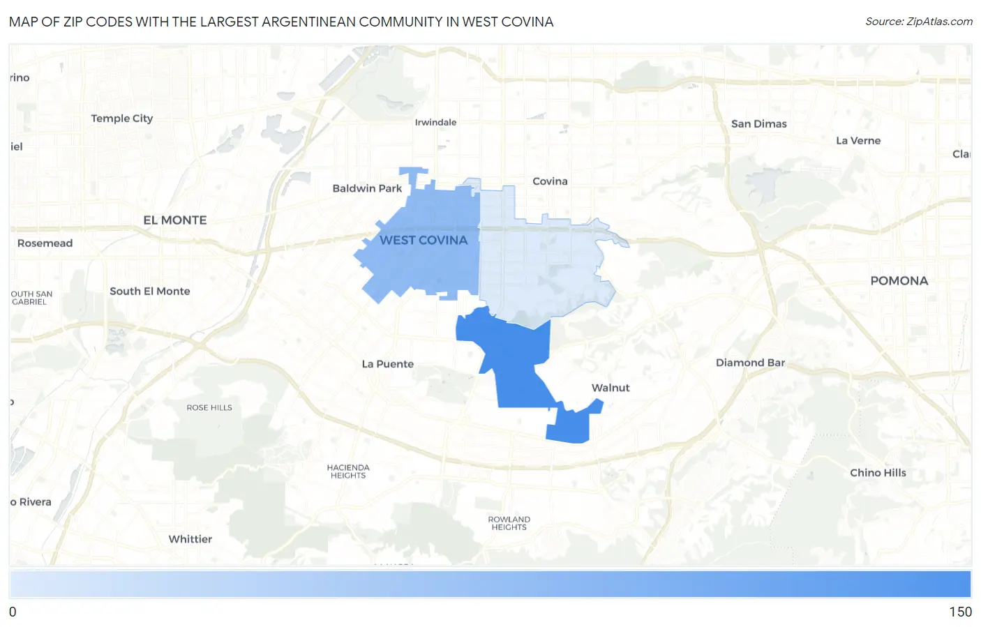 Zip Codes with the Largest Argentinean Community in West Covina Map