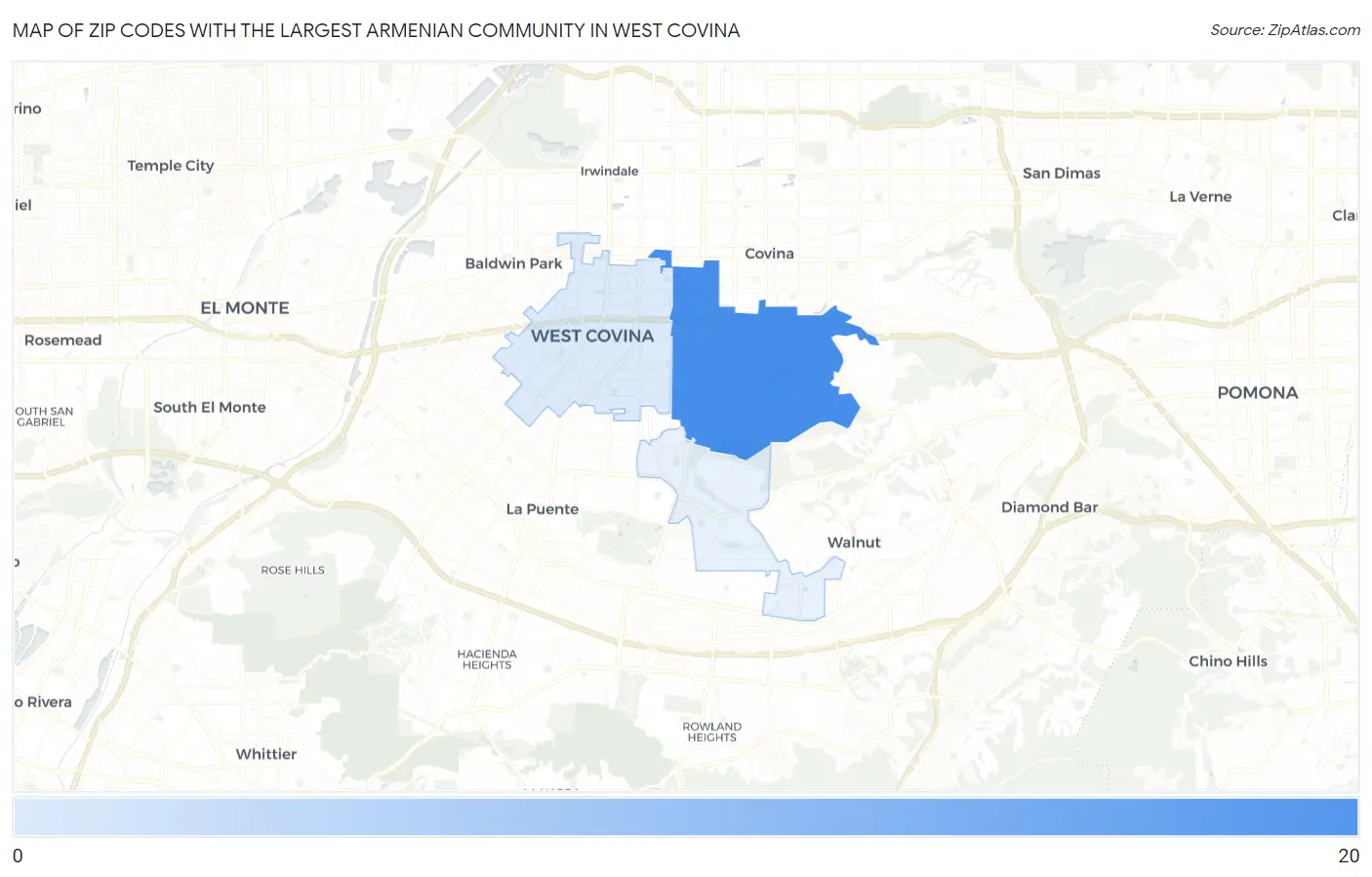 Zip Codes with the Largest Armenian Community in West Covina Map
