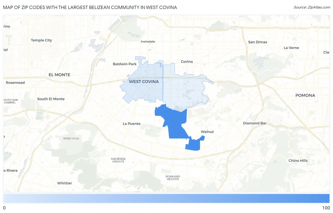 Zip Codes with the Largest Belizean Community in West Covina Map