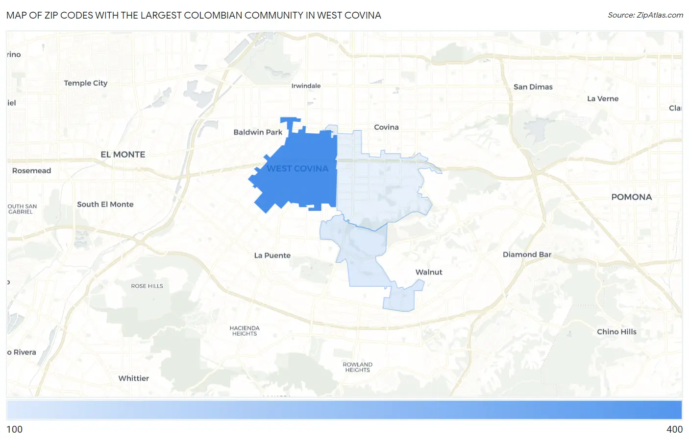 Zip Codes with the Largest Colombian Community in West Covina Map