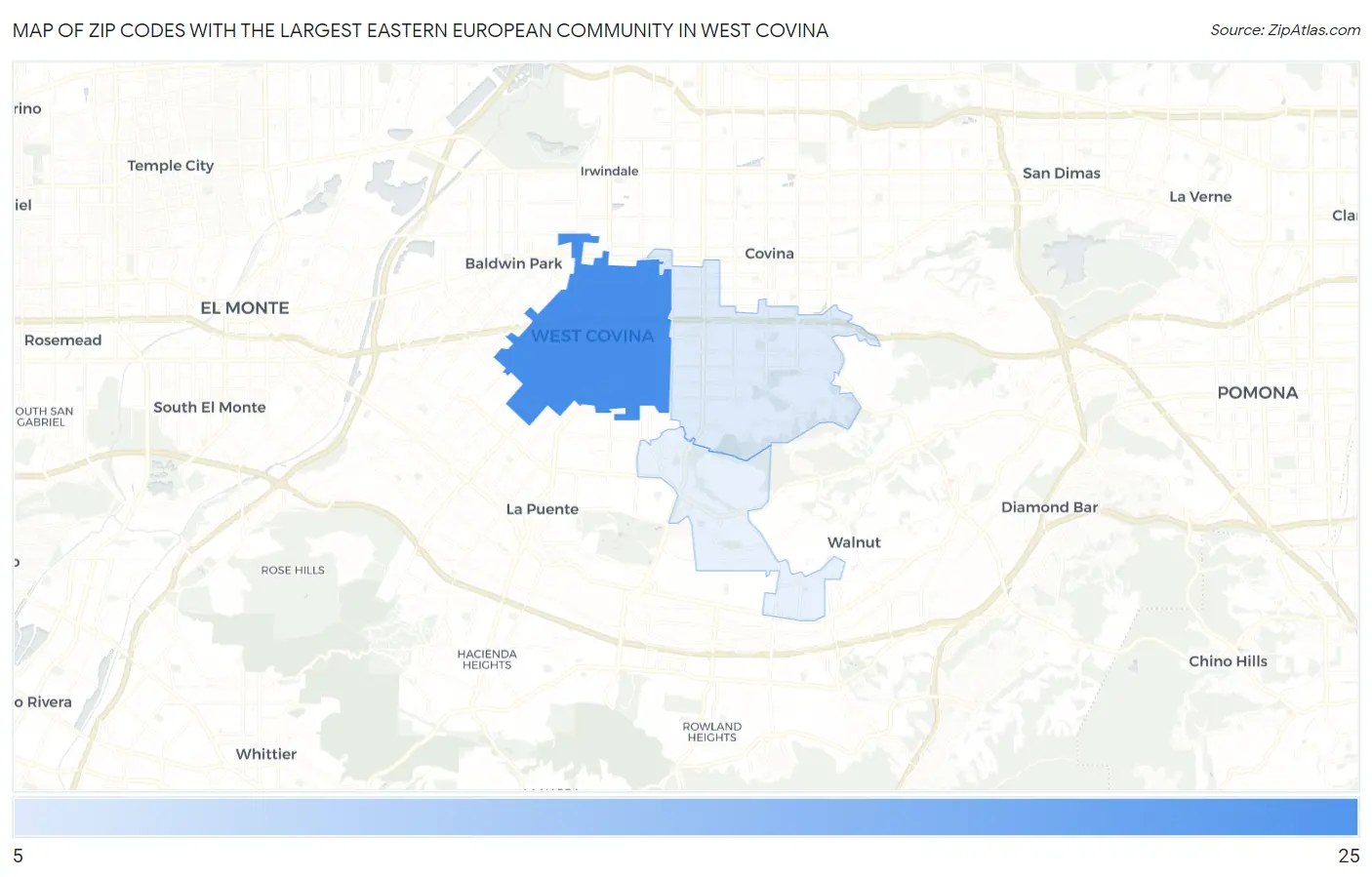 Zip Codes with the Largest Eastern European Community in West Covina Map