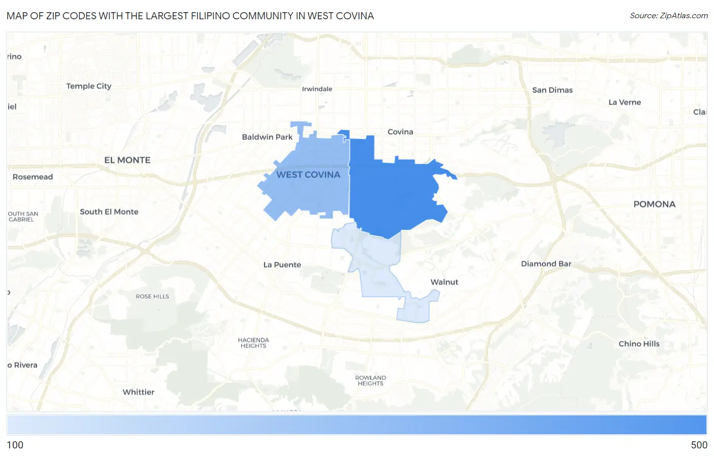 Zip Codes with the Largest Filipino Community in West Covina Map