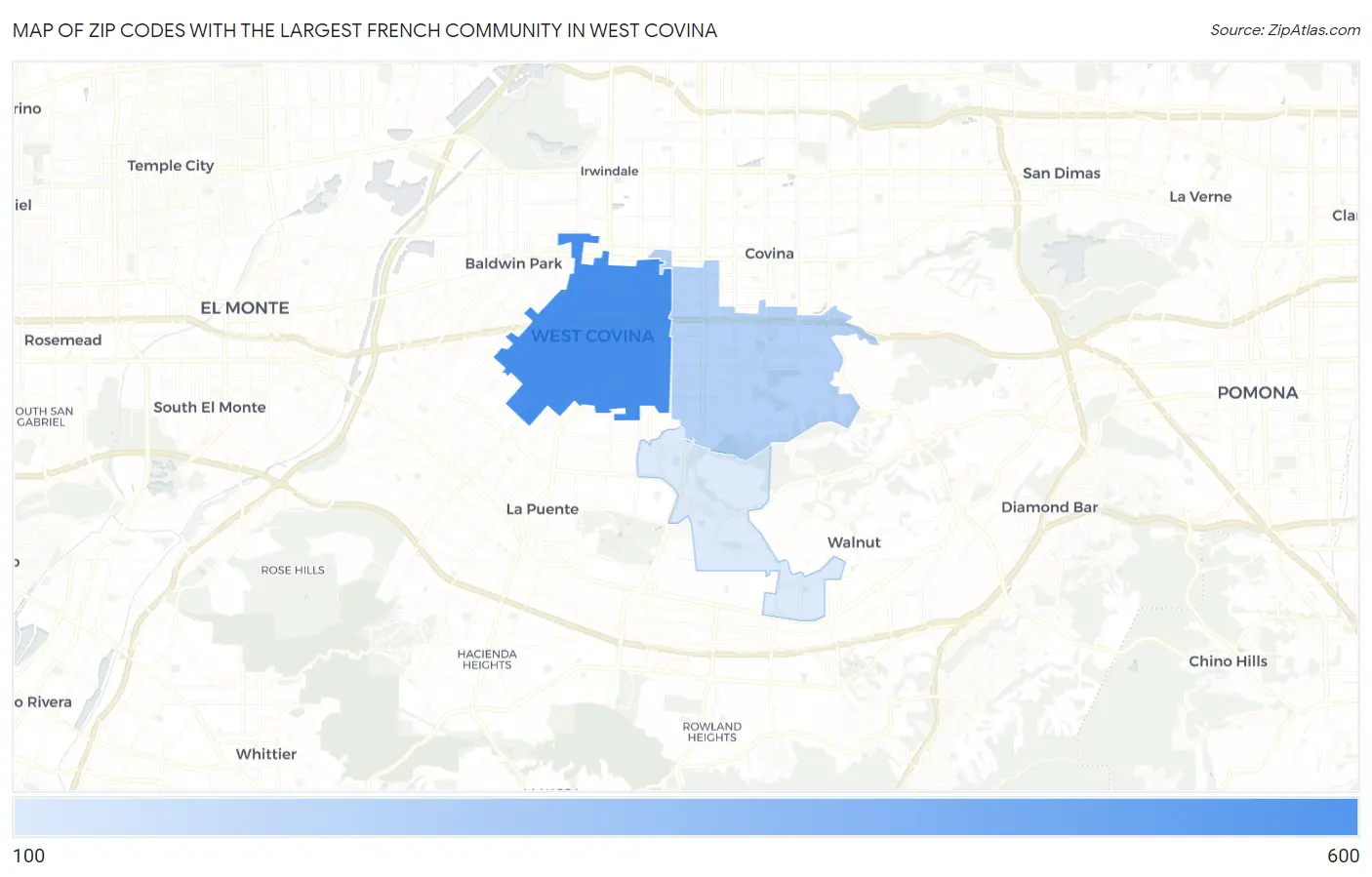 Zip Codes with the Largest French Community in West Covina Map