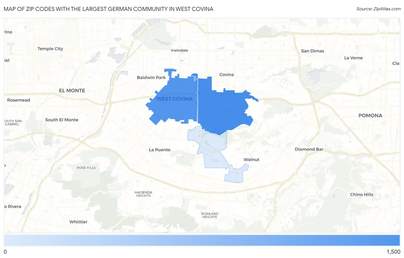 Zip Codes with the Largest German Community in West Covina Map