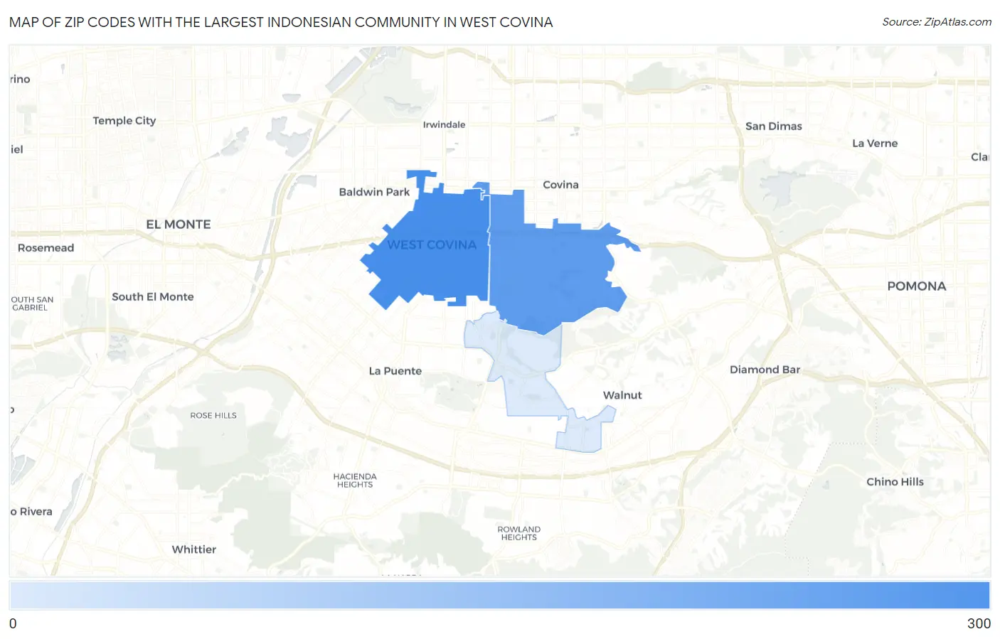 Zip Codes with the Largest Indonesian Community in West Covina Map