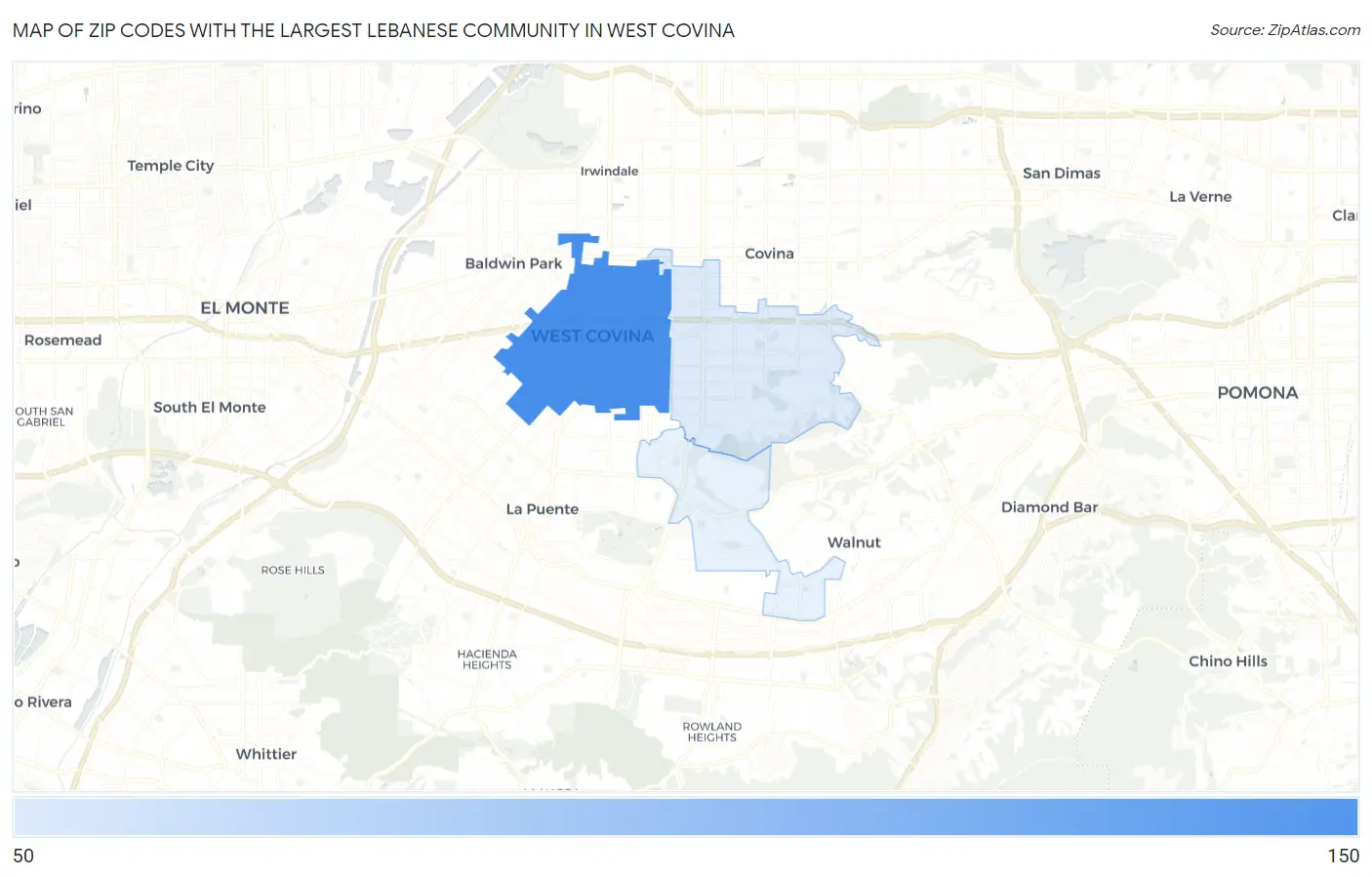 Zip Codes with the Largest Lebanese Community in West Covina Map