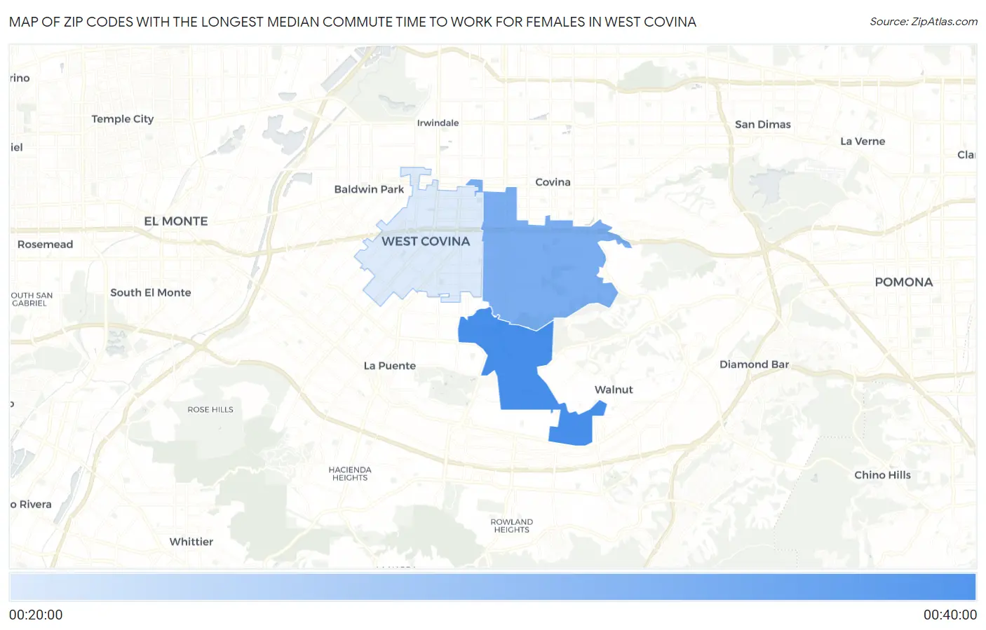 Zip Codes with the Longest Median Commute Time to Work for Females in West Covina Map