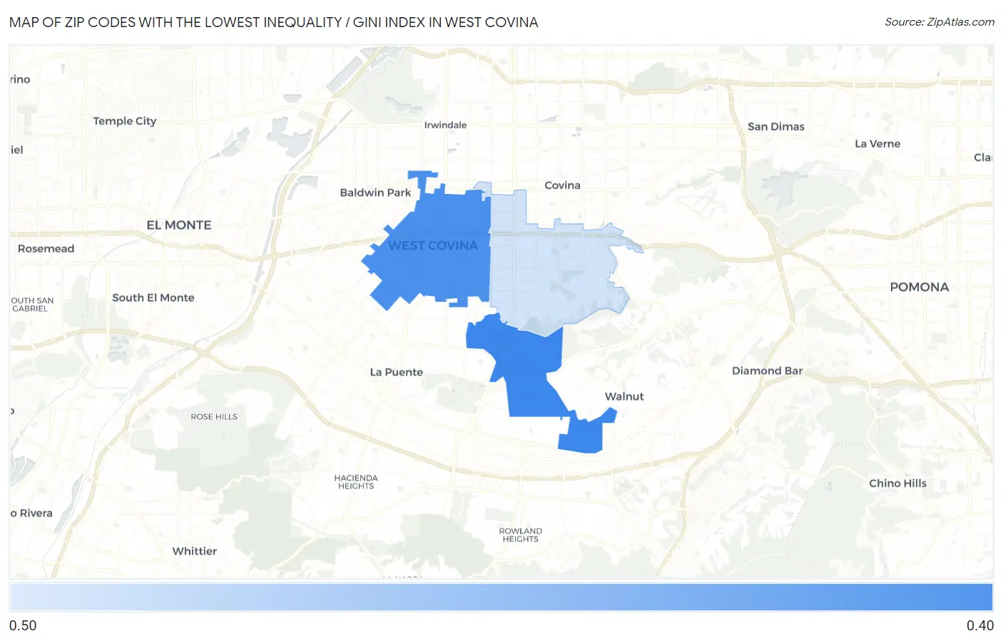 Zip Codes with the Lowest Inequality / Gini Index in West Covina Map