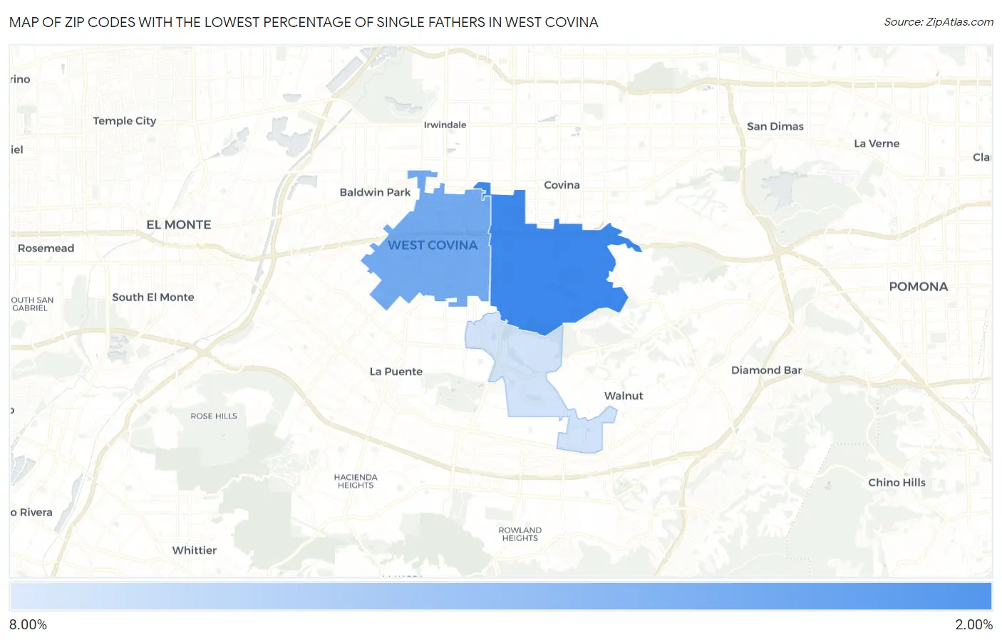 Zip Codes with the Lowest Percentage of Single Fathers in West Covina Map