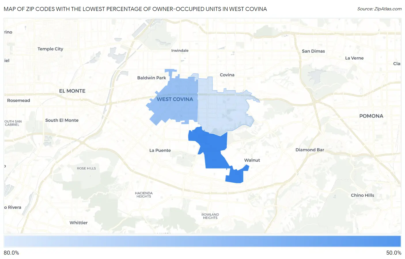 Zip Codes with the Lowest Percentage of Owner-Occupied Units in West Covina Map