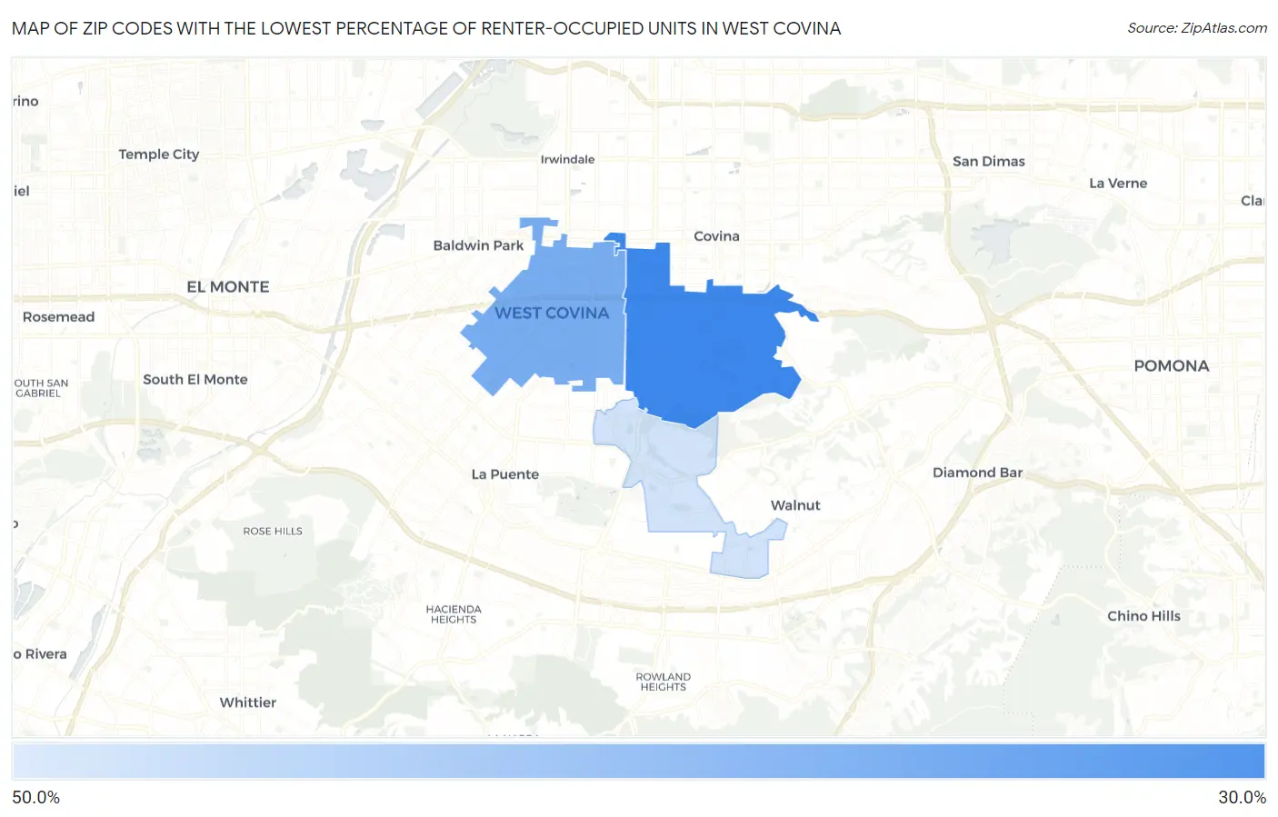 Zip Codes with the Lowest Percentage of Renter-Occupied Units in West Covina Map