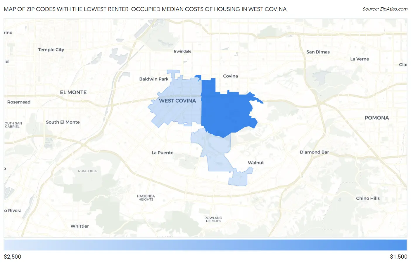 Zip Codes with the Lowest Renter-Occupied Median Costs of Housing in West Covina Map