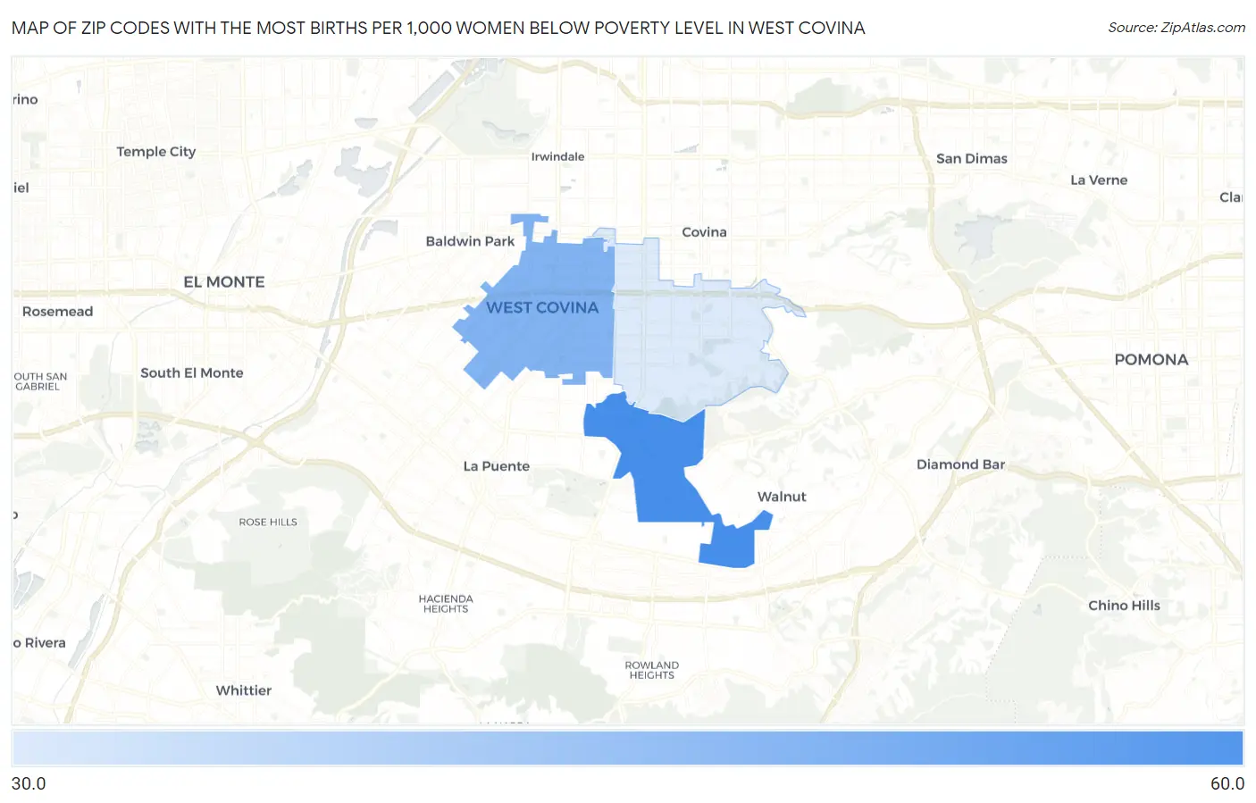 Zip Codes with the Most Births per 1,000 Women Below Poverty Level in West Covina Map