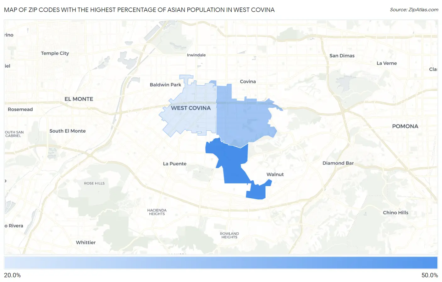 Zip Codes with the Highest Percentage of Asian Population in West Covina Map