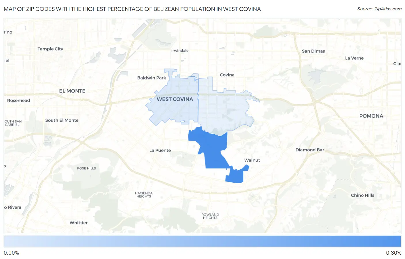 Zip Codes with the Highest Percentage of Belizean Population in West Covina Map