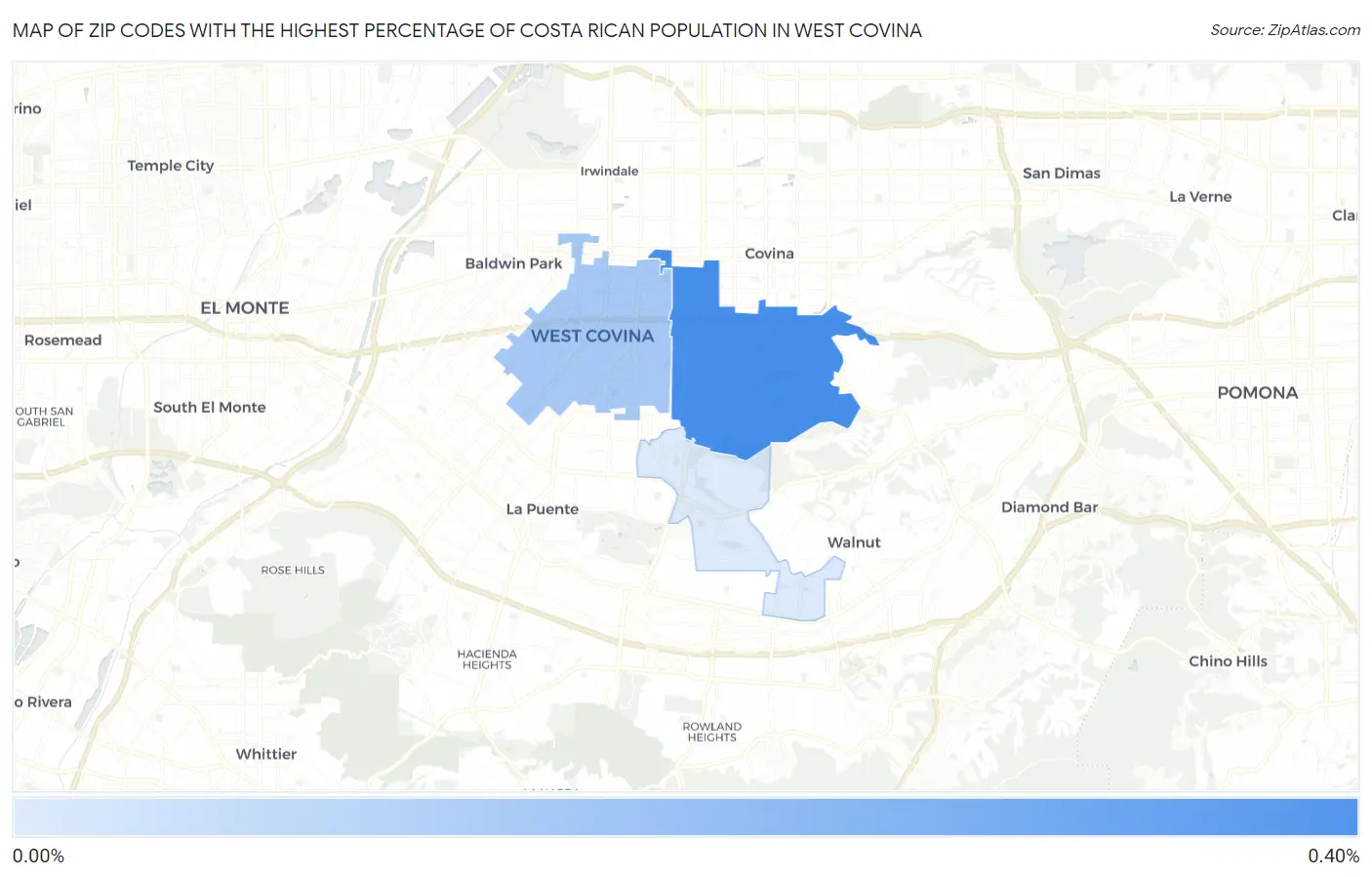 Zip Codes with the Highest Percentage of Costa Rican Population in West Covina Map