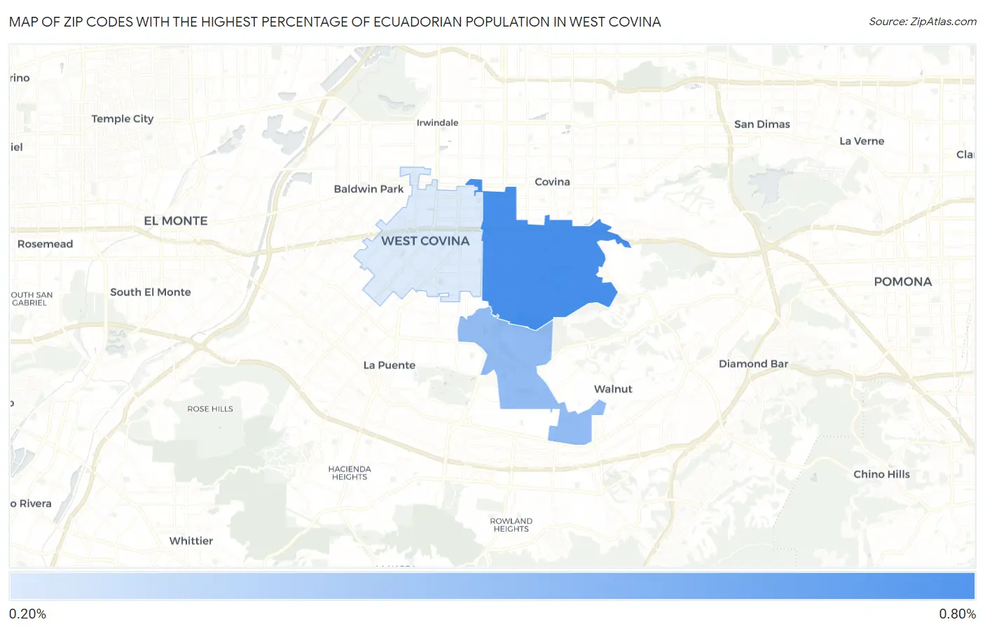 Zip Codes with the Highest Percentage of Ecuadorian Population in West Covina Map