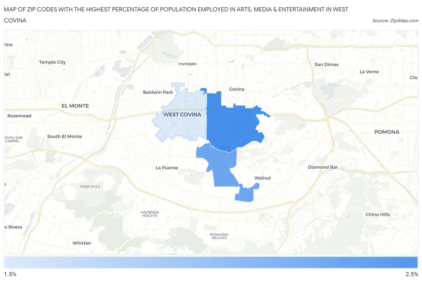 Zip Codes with the Highest Percentage of Population Employed in Arts, Media & Entertainment in West Covina Map