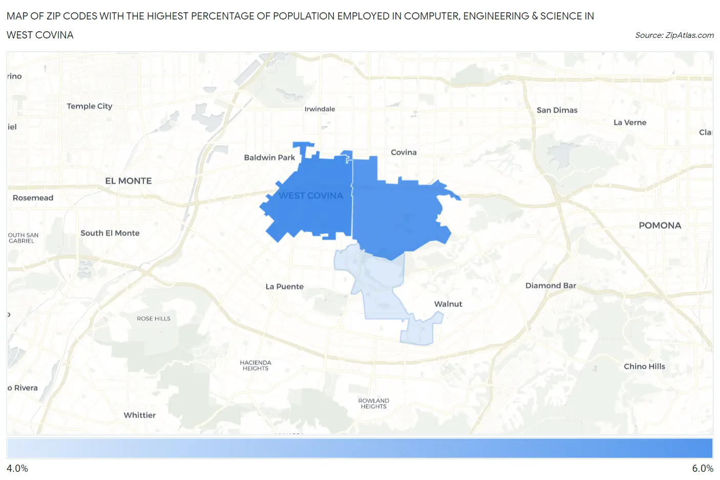 Zip Codes with the Highest Percentage of Population Employed in Computer, Engineering & Science in West Covina Map