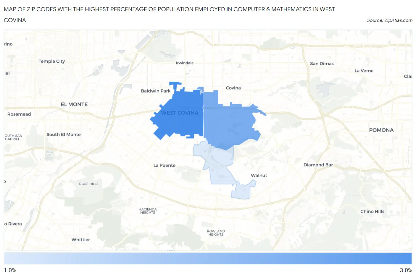 Zip Codes with the Highest Percentage of Population Employed in Computer & Mathematics in West Covina Map