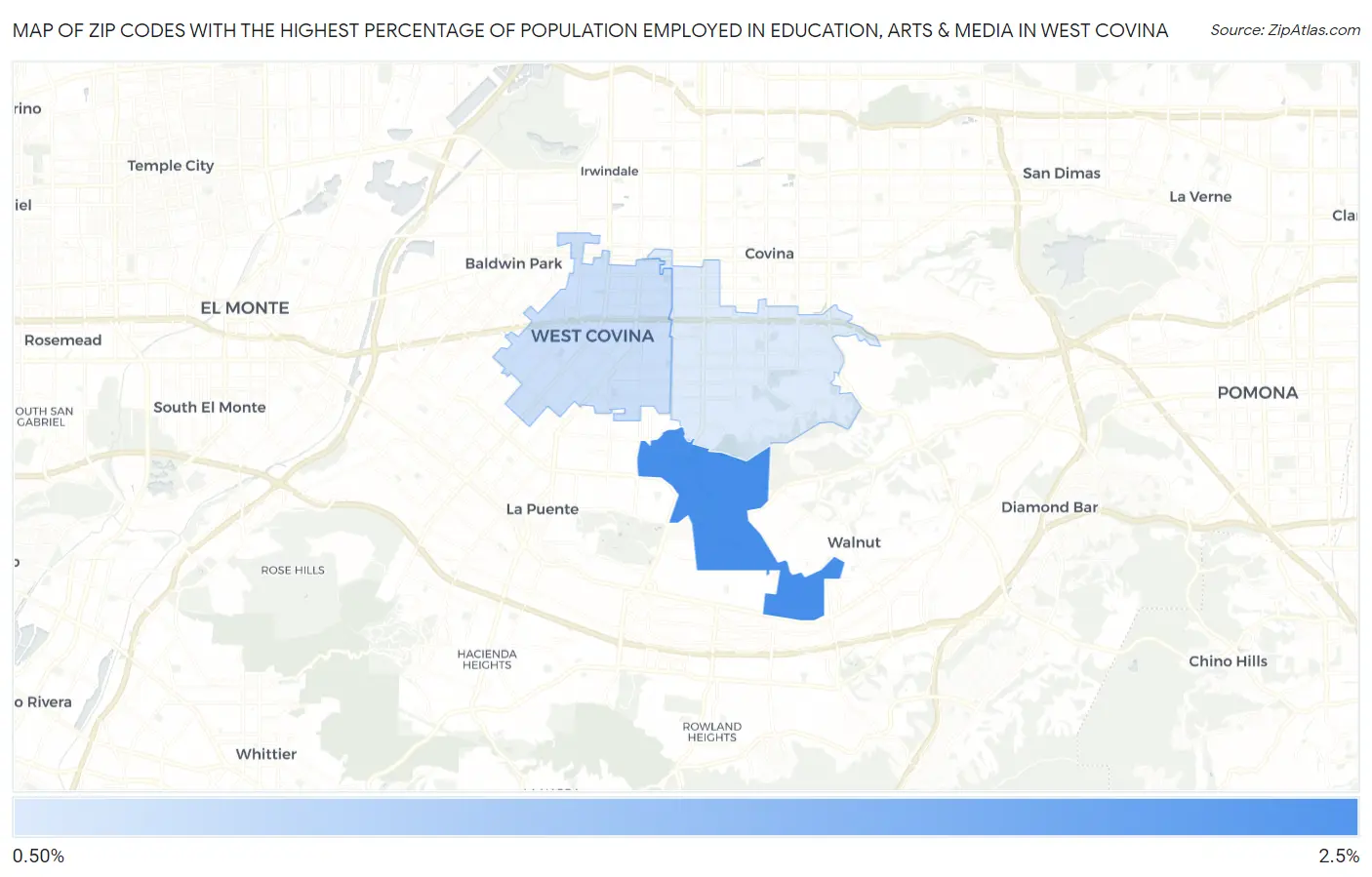 Zip Codes with the Highest Percentage of Population Employed in Education, Arts & Media in West Covina Map