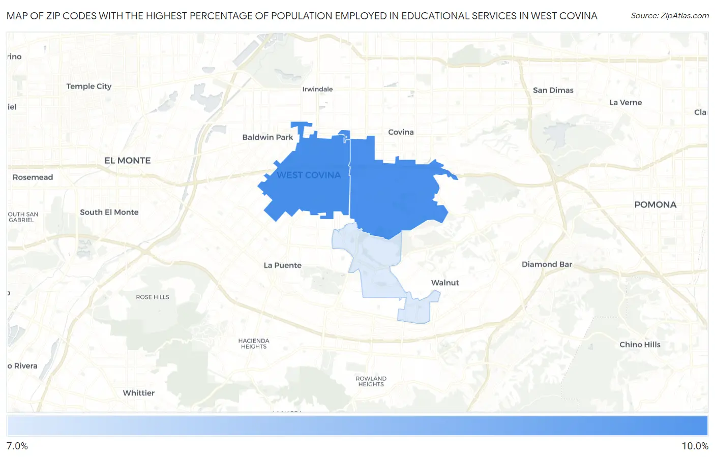 Zip Codes with the Highest Percentage of Population Employed in Educational Services in West Covina Map