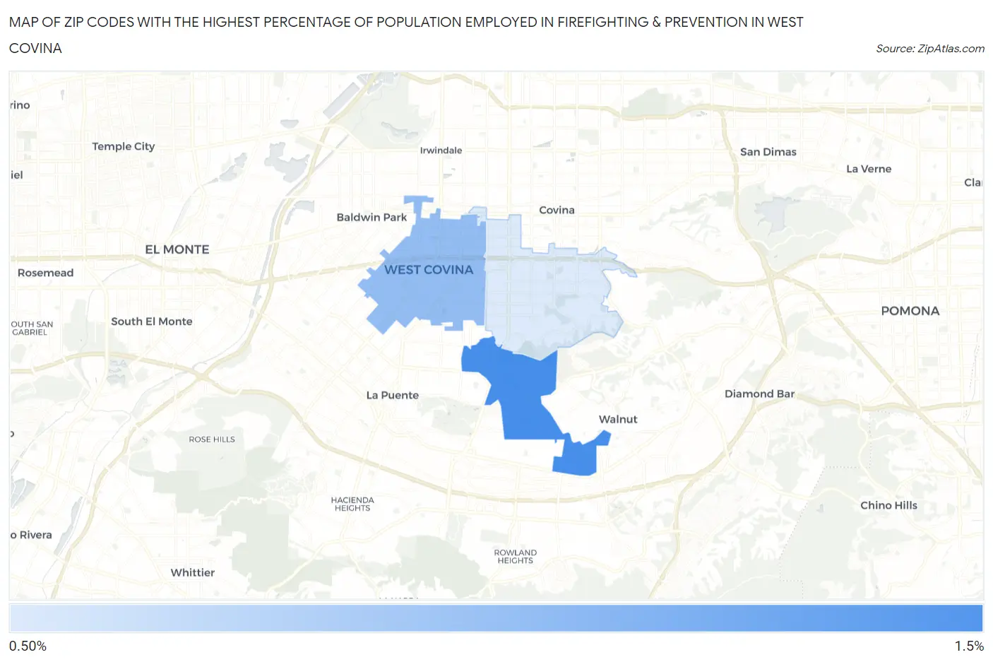 Zip Codes with the Highest Percentage of Population Employed in Firefighting & Prevention in West Covina Map